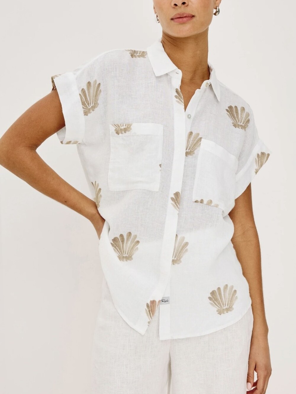RAILS-NWOT-Cito Seashell Print Linen Blend Button-Up Shirt in Taupe-Size XL